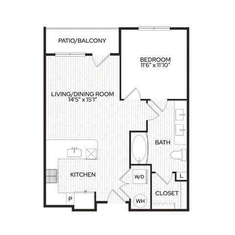 Floor plan for 1 bed, 1 bath, 654 sqft
